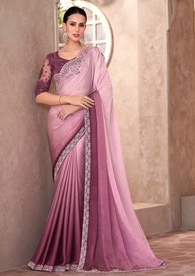Chifoon pink & plum color shaded saree with embroidery work 1