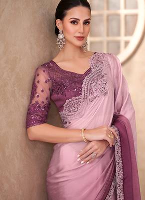 Chifoon pink & plum color shaded saree with embroidery work 2