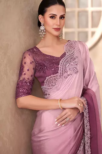 Chifoon pink & plum color shaded saree with embroidery work