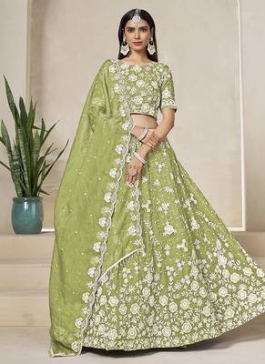 Light Olive Embroidered Crush Organza Lehenga Choli 1