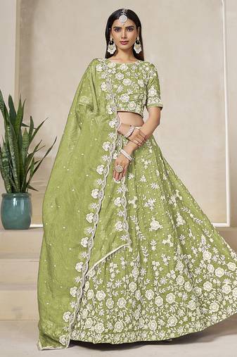 Light Olive Embroidered Crush Organza Lehenga Choli