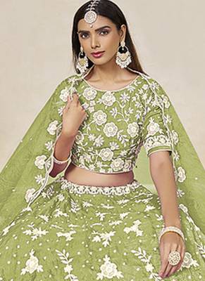 Light Olive Embroidered Crush Organza Lehenga Choli 2