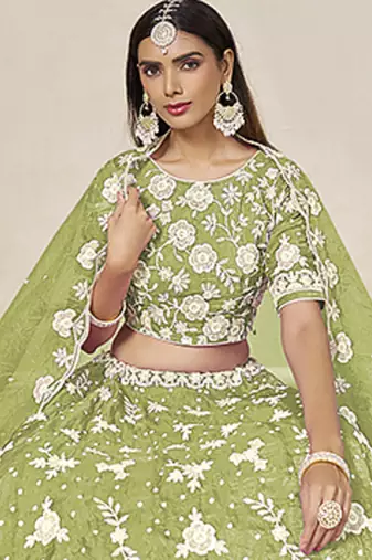 Light Olive Embroidered Crush Organza Lehenga Choli
