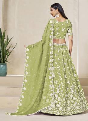 Light Olive Embroidered Crush Organza Lehenga Choli 3