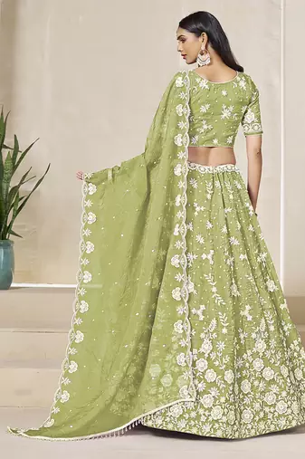Light Olive Embroidered Crush Organza Lehenga Choli