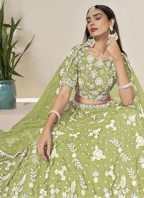 Light Olive Embroidered Crush Organza Lehenga Choli 4