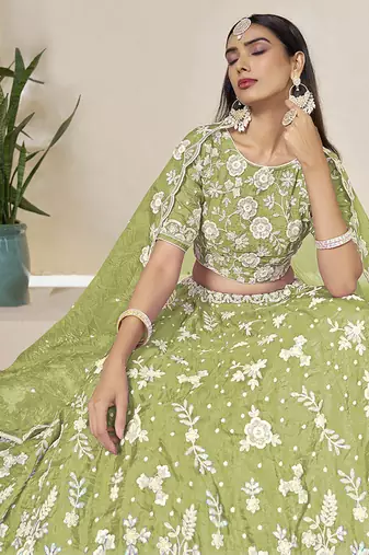 Light Olive Embroidered Crush Organza Lehenga Choli