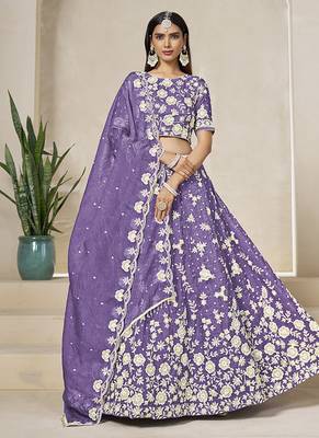 Light Purple Embroidered Crush Organza Lehenga Choli 1