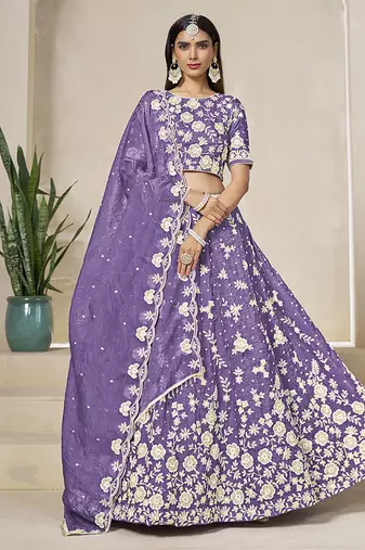 Light Purple Embroidered Crush Organza Lehenga Choli
