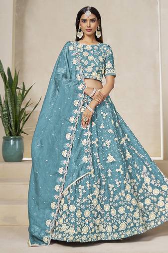 Aqua Blue Embroidered Crush Organza Lehenga Choli