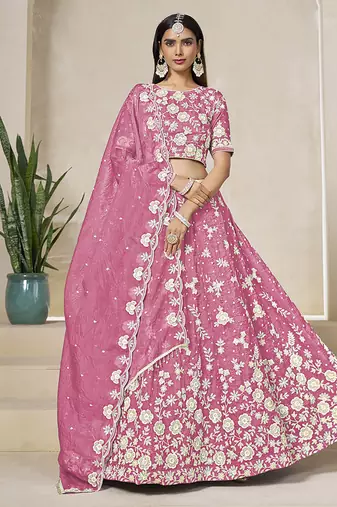 Rose Pink Embroidered Crush Organza Lehenga Choli
