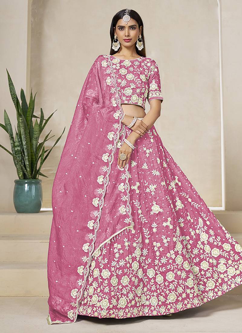 Rose Pink Embroidered Crush Organza Lehenga Choli