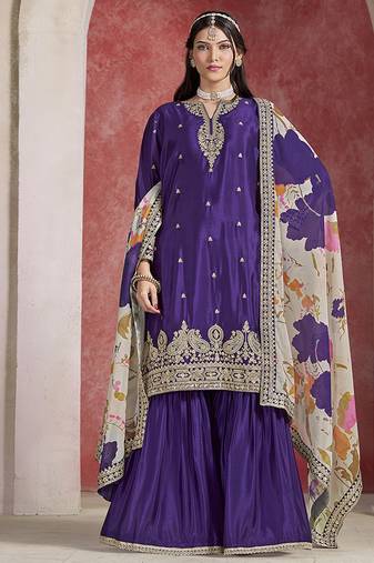 Chinon silk purple embroidered palazzo readymade salwar suit-Full Stitched free size