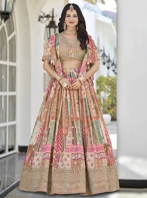 Enchanting beige Digital Printed with Dori and Zari embroidery work Chinnon Silk Fabric Indian lehenga Choli dress 1