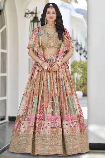 Enchanting beige Digital Printed with Dori and Zari embroidery work Chinnon Silk Fabric Indian lehenga Choli dress