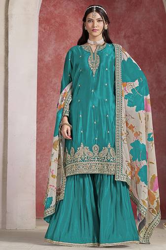 Chinon silk light sea green embroidered palazzo readymade salwar suit-Full Stitched free size