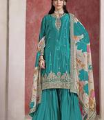 Chinon silk light sea green embroidered palazzo readymade salwar suit-Full Stitched free size