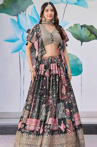 Mesmerizing Black Digital Printed with Dori and Zari embroidery work Chinnon Silk Fabric Indian Designer Lehenga dress