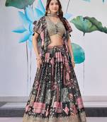 Mesmerizing Black Digital Printed with Dori and Zari embroidery work Chinnon Silk Fabric Indian Designer Lehenga dress