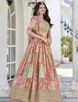 Enchanting beige Digital Printed with Dori and Zari embroidery work Chinnon Silk Fabric Indian lehenga Choli dress 3