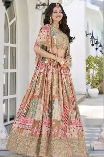 Enchanting beige Digital Printed with Dori and Zari embroidery work Chinnon Silk Fabric Indian lehenga Choli dress