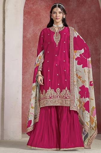 Chinon silk rani pink embroidered palazzo readymade salwar suit-Full Stitched free size