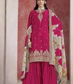 Chinon silk rani pink embroidered palazzo readymade salwar suit-Full Stitched free size