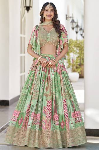 Glamorous Green Digital Printed with Dori and Zari embroidery work Chinnon Silk Fabric Indian Designer Wedding Lehenga