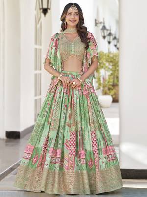 Glamorous Green Digital Printed with Dori and Zari embroidery work Chinnon Silk Fabric Indian Designer Wedding Lehenga 1