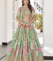 Glamorous Green Digital Printed with Dori and Zari embroidery work Chinnon Silk Fabric Indian Designer Wedding Lehenga