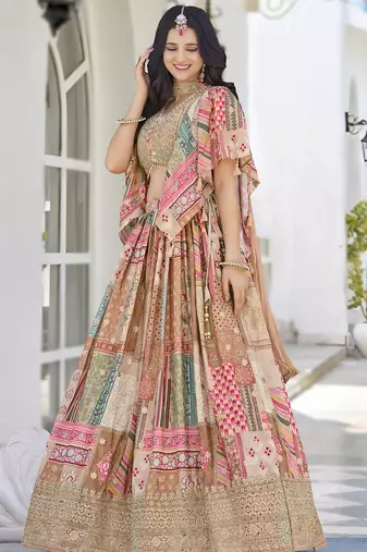 Enchanting beige Digital Printed with Dori and Zari embroidery work Chinnon Silk Fabric Indian lehenga Choli dress