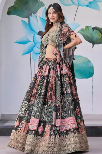Mesmerizing Black Digital Printed with Dori and Zari embroidery work Chinnon Silk Fabric Indian Designer Lehenga dress