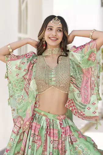 Glamorous Green Digital Printed with Dori and Zari embroidery work Chinnon Silk Fabric Indian Designer Wedding Lehenga