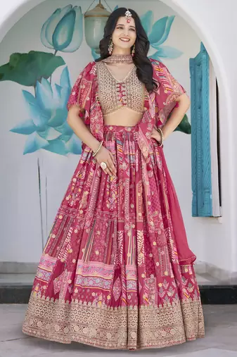 Fascinating Pink Digital Printed with Dori & Zari embroidery Chinnon Silk Fabric Indain Designer Lattest Design Lehenga