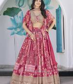 Fascinating Pink Digital Printed with Dori & Zari embroidery Chinnon Silk Fabric Indain Designer Lattest Design Lehenga