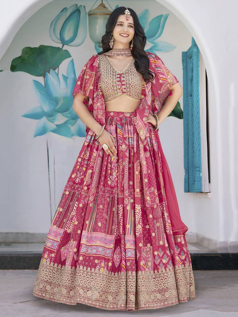 Fascinating Pink Digital Printed with Dori & Zari embroidery Chinnon Silk Fabric Indain Designer Lattest Design Lehenga