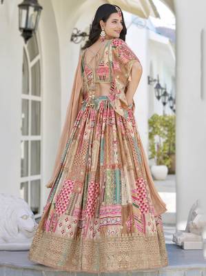 Enchanting beige Digital Printed with Dori and Zari embroidery work Chinnon Silk Fabric Indian lehenga Choli dress 5