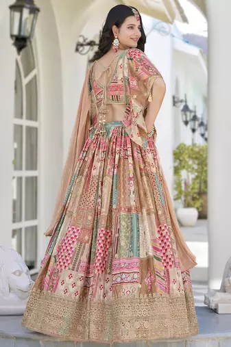 Enchanting beige Digital Printed with Dori and Zari embroidery work Chinnon Silk Fabric Indian lehenga Choli dress