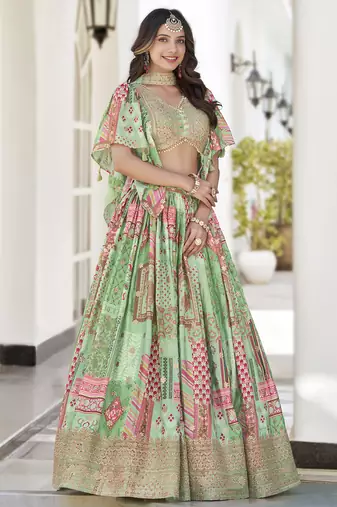 Glamorous Green Digital Printed with Dori and Zari embroidery work Chinnon Silk Fabric Indian Designer Wedding Lehenga