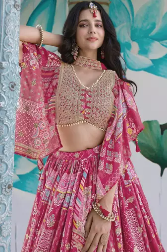 Fascinating Pink Digital Printed with Dori & Zari embroidery Chinnon Silk Fabric Indain Designer Lattest Design Lehenga