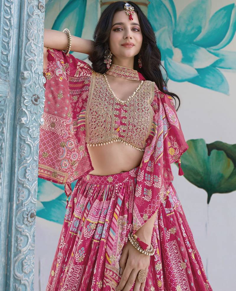 Fascinating Pink Digital Printed with Dori & Zari embroidery Chinnon Silk Fabric Indain Designer Lattest Design Lehenga
