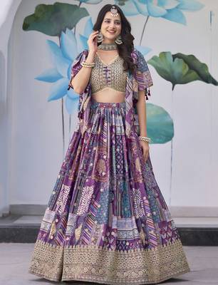 Adorable Purple Digital Printed with Dori and Zari embroidery Chinnon Silk Fabric Latest design Indian floral lehenga 1