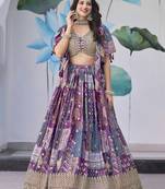 Adorable Purple Digital Printed with Dori and Zari embroidery Chinnon Silk Fabric Latest design Indian floral lehenga