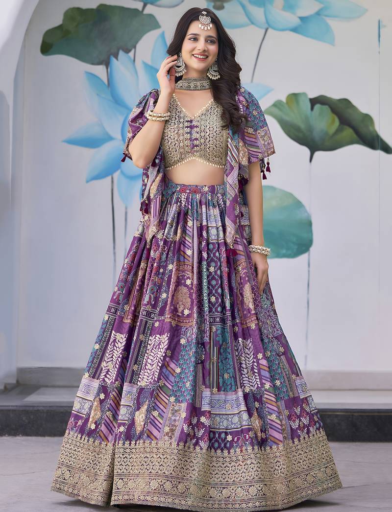 Adorable Purple Digital Printed with Dori and Zari embroidery Chinnon Silk Fabric Latest design Indian floral lehenga