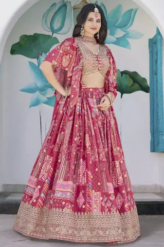 Fascinating Pink Digital Printed with Dori & Zari embroidery Chinnon Silk Fabric Indain Designer Lattest Design Lehenga