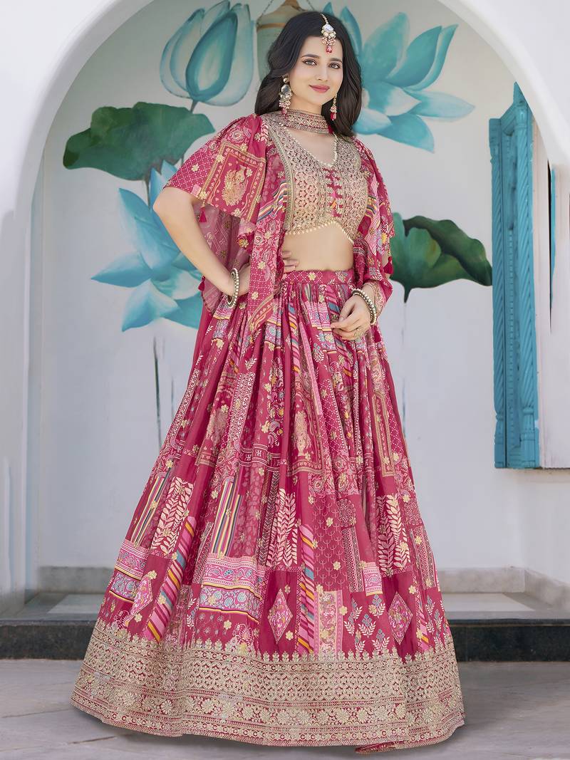 Fascinating Pink Digital Printed with Dori & Zari embroidery Chinnon Silk Fabric Indain Designer Lattest Design Lehenga