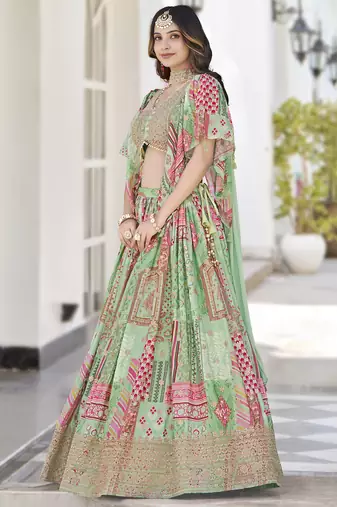 Glamorous Green Digital Printed with Dori and Zari embroidery work Chinnon Silk Fabric Indian Designer Wedding Lehenga