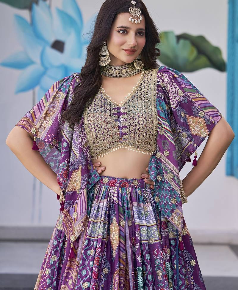 Adorable Purple Digital Printed with Dori and Zari embroidery Chinnon Silk Fabric Latest design Indian floral lehenga