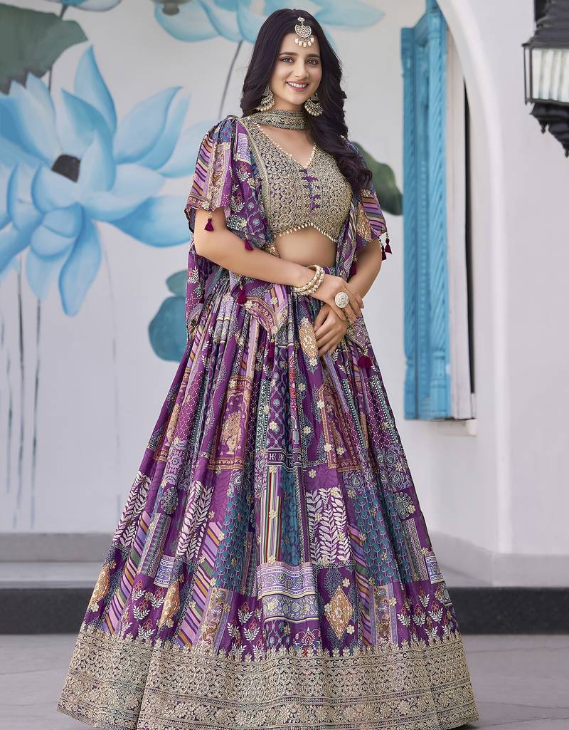 Adorable Purple Digital Printed with Dori and Zari embroidery Chinnon Silk Fabric Latest design Indian floral lehenga