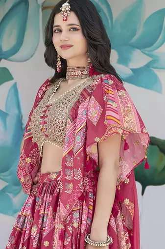 Fascinating Pink Digital Printed with Dori & Zari embroidery Chinnon Silk Fabric Indain Designer Lattest Design Lehenga